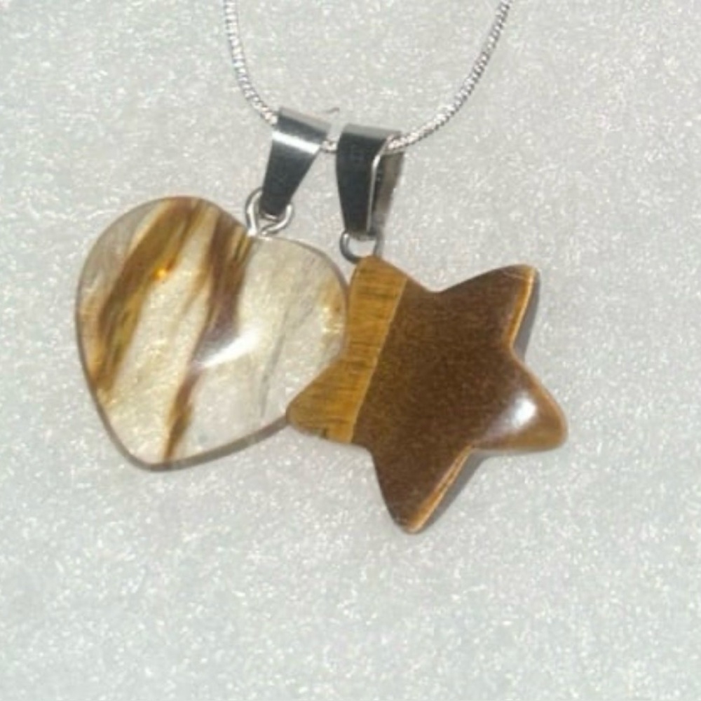 Montana Moss Agate Heart and Tigers Eye Star 16” Sterling Silver Neckla…